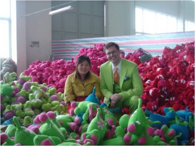 J.R. Greene in his Greene Suit at the Toy Factory ensuring the FlopAlongs are made to the highest standards, Oct. 09.